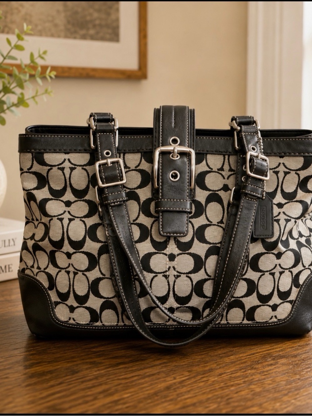 Coach Hampton Black and grey Signature Canvas Tote with leather Trim F 12643